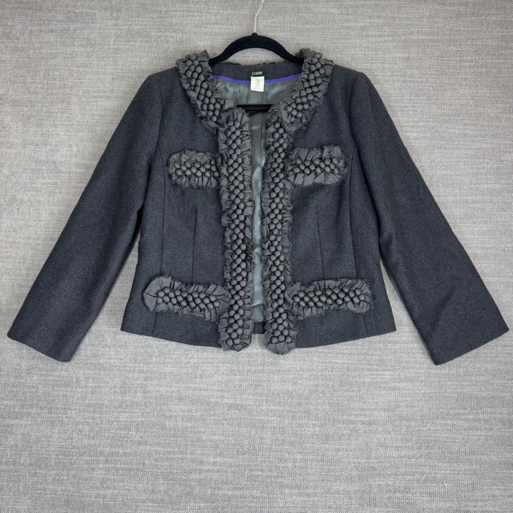 J.Crew Berry-trim Astrid Jacket Size 8 Wool Silk Charcoal Designer Chic Twee